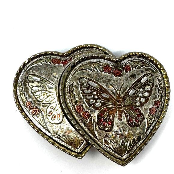 Double Heart Mixed Metal Color Butterfly Belt Buckle Vintage Made in USA - Picture 2 of 8